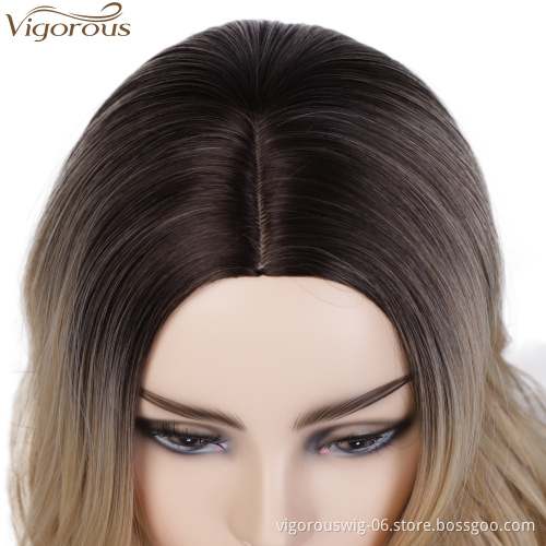 Vigorous Cheap Long Ombre Blonde Wavy Middle Part Wig For Black Women Heat Resistant Synthetic Hair Wigs